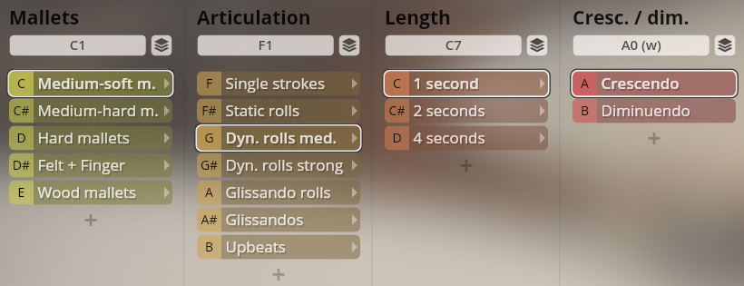 Studio Percussion software interface showing selectable options for mallets, articulation, length, and crescendo/diminuendo, optimizing sound parameters.