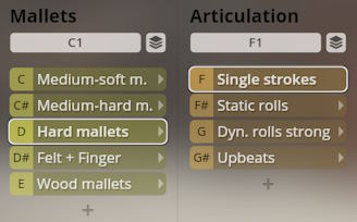 Studio Percussion virtual instrument interface showing Mallets with Hard mallets selected and Articulation with Single strokes selected.