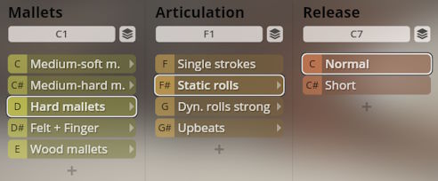 Studio Percussion virtual instrument interface showing Mallets, Articulation, and Release options with Hard mallets and Static rolls selected.