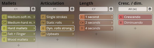 Studio Percussion user interface showing options for mallets, articulation, length, and crescendo/diminuendo, with hard mallets, dynamic rolls strong, one second length, and crescendo currently selected.