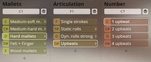 User interface for Studio Percussion virtual instrument, displaying menus for Mallets (Hard mallets selected), Articulation (Upbeats selected), and Number (1 upbeat selected).