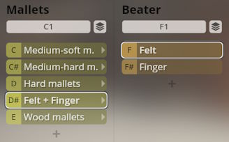 User interface showing Mallets and Beater options for Studio Percussion, including felt, wood, and finger choices for creating different percussive sounds.