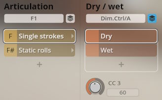 User interface showing Studio Percussion articulation settings with Single strokes and Static rolls, and Dry/wet options for audio control.