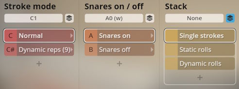 User interface controls for Studio Percussion software showing Stroke mode, Snares on/off, and Stack options like Normal, Dynamic reps, Snares on, Snares off, Single strokes, Static rolls, and Dynamic rolls.