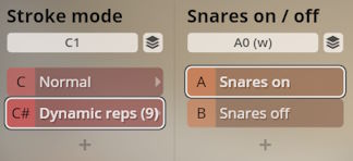 Studio Percussion software interface showing Stroke mode settings including Normal and Dynamic reps, and Snares on/off toggles with Snares on selected.