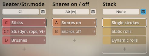 Studio Percussion software interface showing Beater/Stre mode, Snares on/off, and Stack options for sound customization.
