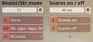 Studio Percussion interface showing Beater and String mode with options for Sticks, dynamic repetitions, and Brushes, alongside Snare drum on/off controls.
