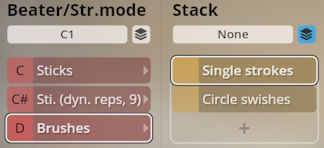 Studio Percussion software interface showing Beater/Str.mode and Stack options, including Sticks, Brushes, Single strokes, and Circle swishes for sound customization.