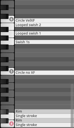 Studio Percussion interface showing a piano roll view with labeled percussive sounds like VelXF, looped swish, single stroke, and rim.