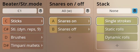 User interface for Studio Percussion virtual instrument showing Beater/Str.mode settings like Sticks, Brushes, Timpani mallets; Snares on/off control; and Stack options including Single strokes, Static rolls, Dynamic rolls.