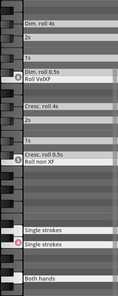 Studio Percussion interface showing key assignments for different roll types, single strokes, and two-hand playing, with options like Dim. roll 4s, Cresc. roll 0.5s, and Roll VelXF for virtual instrument control.