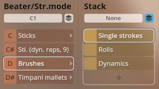 User interface showing Beater/Stroke mode options like Sticks, Brushes, Timpani mallets, and Stack options for Single strokes, Rolls, and Dynamics, part of the Studio Percussion software.