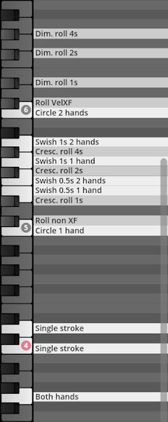 Screenshot of the Studio Percussion virtual instrument interface showing a list of percussion performance articulations mapped to a piano keyboard, including Dim. rolls, Cresc. rolls, Swishes, and Single strokes for various durations and hands, demonstrating sound options for the VI Percussion Collection.