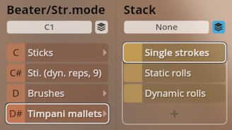 Digital audio workstation interface showing Beater/Str. mode and Stack options for Studio Percussion virtual instrument.