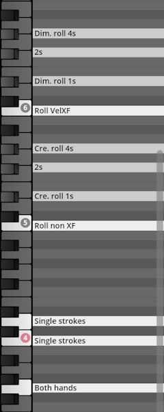 Studio Percussion MIDI key mapping for rolls and strokes including Dim. roll, Cre. roll, Single strokes, and Both hands articulations.