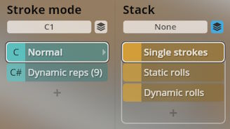 User interface for Studio Percussion software showing Stroke mode and Stack settings, including C1, Normal, Dynamic reps, None, Single strokes, Static rolls, and Dynamic rolls options.