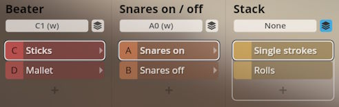 Studio Percussion user interface showing options for Beater (Sticks, Mallet), Snares (on/off), and Stack (Single strokes, Rolls).
