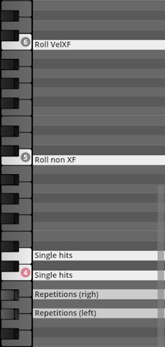 Virtual piano roll interface displaying percussion articulations like Roll VelXF, Roll non XF, Single hits, and Repetitions, essential for Studio Percussion sound design.