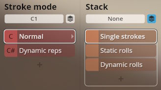Studio Percussion software interface showing Stroke mode and Stack settings for C1 and C# controls, including options for Normal, Dynamic reps, Single strokes, Static rolls, and Dynamic rolls.