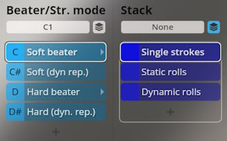User interface showing Studio Percussion's Beater/Str. mode with Soft beater selected and Stack mode with Single strokes selected.