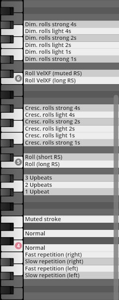 Studio Percussion virtual instrument interface displaying key assignments for various drum roll types, crescendos, upbeats, muted strokes, and repetitions.