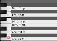 Music software interface displaying piano roll keys mapping various dynamic ranges like Dim FF-PP and Cre PP-FF for Studio Percussion virtual instrument.