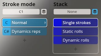 Studio Percussion software interface showing Stroke Mode and Stack settings.