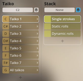 User interface showing Taiko instrument selection with C2, Taiko 1-7, and All taikos options, alongside Stack options for Single strokes, Static rolls, and Dynamic rolls in Studio Percussion software.