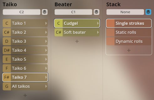 Studio Percussion user interface showing Taiko, Beater, and Stack instrument selections, including Taiko 7, Cudgel, and Single Strokes options.