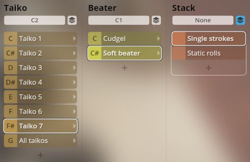 Studio Percussion interface showing selectable taiko, beater, and stack options for sound customization, including Taiko 7, Soft Beater, and Single Strokes.