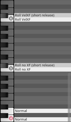 Digital audio workstation interface displaying percussion sound types, including Roll VelXF (short release), Roll VelXF, Roll no XF (short release), Roll no XF, and Normal settings, with a piano key interface for Studio Percussion virtual instruments.