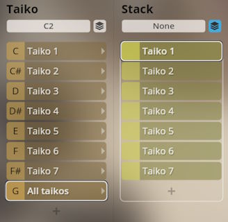 Screenshot displaying Studio Percussion interface with Taiko instrument selections and stacking features, showing individual taiko drums mapped to notes and an All taikos option.