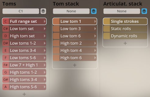 Interface displaying tom set selector, tom stack configuration options, and articulation selections for Studio Percussion virtual instrument.