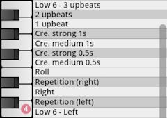 Image of a virtual piano keyboard alongside a list of percussion articulation options like rolls, repetitions, and various upbeat patterns, representing the Studio Percussion sound library interface.