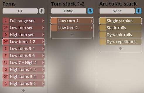 Studio Percussion software interface showing selected drum and articulation options: Low toms 1-2, Low tom 1, Low tom 2, and Single strokes.