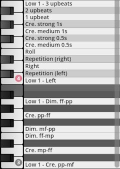 Virtual instrument keyboard showing Studio Percussion articulations and dynamic controls like upbeats, repetition, and dynamics ff-pp, used for music production.
