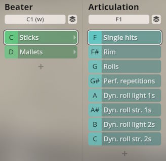 Studio Percussion VST instrument interface showing Beater options like Sticks and Mallets, and Articulation options including Single hits, Rim, and Rolls.