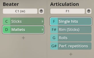 Software interface showing Beater options including Sticks and Mallets, and Articulation options like Single hits, Rim (Sticks), Rolls, and Perf. repetitions, for Studio Percussion virtual instruments.