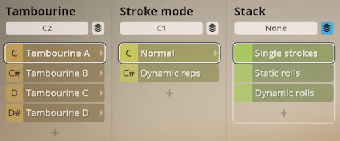 Studio Percussion software interface showing tambourine, stroke mode, and stack settings for virtual instruments.