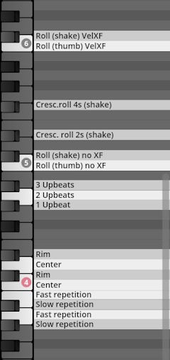 Studio Percussion VI instrument key mapping showing various percussive articulations like rolls, crescendos, upbeats, rim shots, and repetitions.