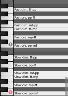 Virtual instrument UI showing a keyboard with musical dynamics listed next to keys, including fast and slow crescendos and diminuendos with various dynamic ranges.