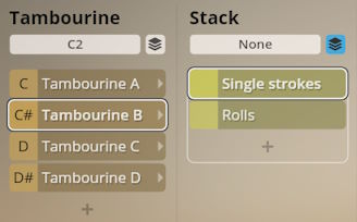 Studio Percussion software interface showing tambourine and stack settings for instrument sounds.
