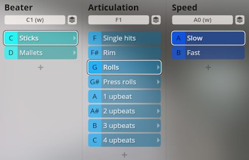 User interface for Studio Percussion virtual instrument showing options for beater type, articulation, and speed, with Sticks, Rolls, and Slow selected.