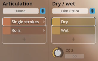 A software interface showing articulation settings for None, Single strokes, and Rolls, along with Dry / wet mix options for Dry and Wet, and a CC3 controller dial set to 60.