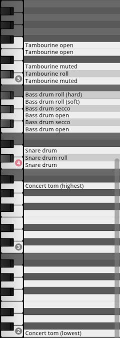 Virtual instrument keyboard mapping for Studio Percussion, showing notes assigned to tambourine, bass drum, snare drum, and concert tom articulations.