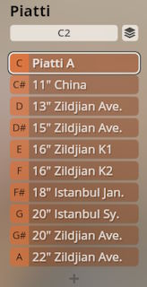 User interface showing Piatti percussion instrument sound selections, including various Zildjian and Istanbul cymbal types in Studio Percussion software.
