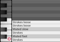 Virtual instrument keyboard showing Strokes loose, Muted slow, Strokes, and Muted fast percussion articulations for Studio Percussion software