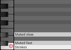 Studio Percussion interface showing piano roll with Muted slow, Muted fast, and Strokes labels.