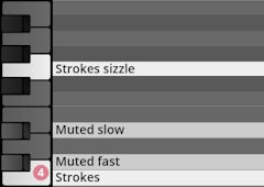 Virtual instrument keyboard mapping for percussion sounds, showing Strokes sizzle, Muted slow, Muted fast, and Strokes labels on a gray background.