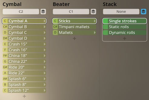 Screenshot of the Studio Percussion software interface showing dropdown menus for selecting cymbal type, beater, and play style like single strokes or rolls.